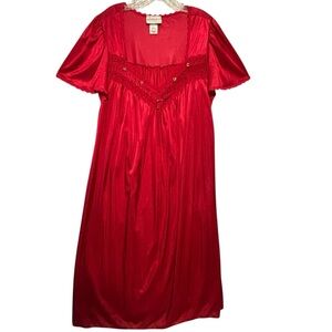 VTG Comfort Choice nylon night gown LG Cherry Red smocked embellished lace ruch